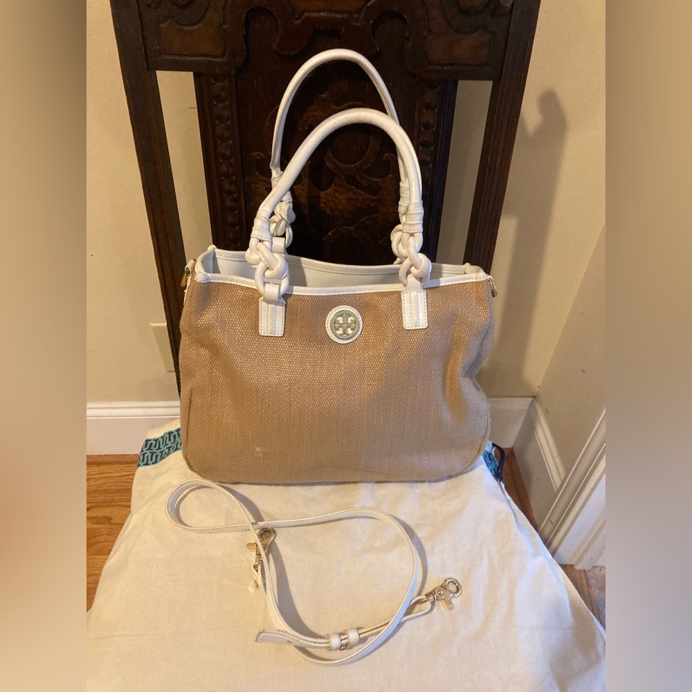 Tory Burch Raffia Tan Bag with Shoulder Strap and Tory Burch Dust Bag